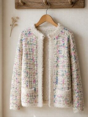 Cocobleu | Confetti Windowpane Design Cardigan Blazer w/ Fringe Detail Size M